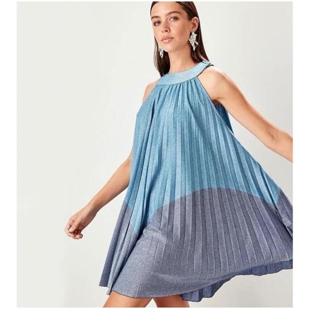 New Free People Blue Metallic Pleated Chevron Trapeze Mini Dress Size L